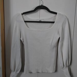 Love Tree White Ribbed Square Neck Puff Sleeve Top